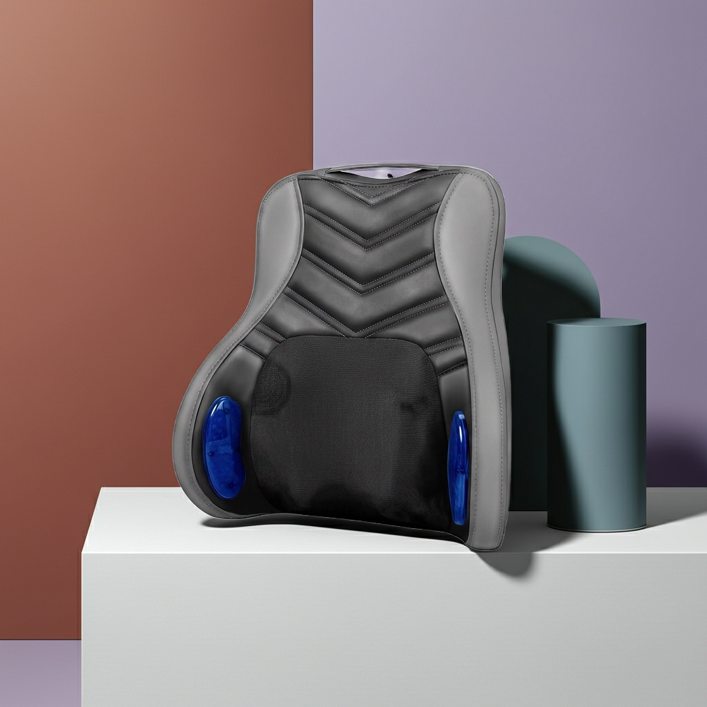 Gray massage pillow with blue rollers on a white platform against a multicolored background